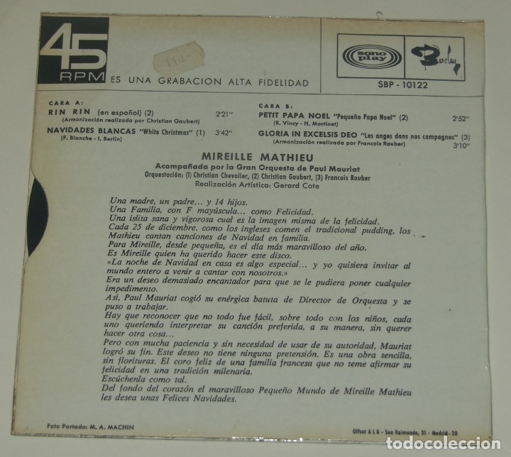 Discos de vinilo: Mireille Mathieu - Canta En Espa&ntilde;ol, Rin Rin - EP 1968 - Foto 2