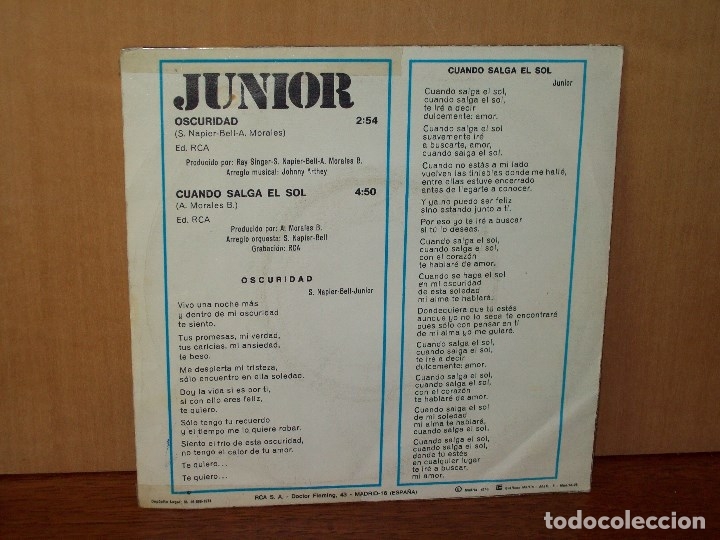 Discos de vinilo: JUNIOR  -OSCURIDAD  -  CUANDO  SALGA  EL  SOL  -  SINGLE - Foto 2