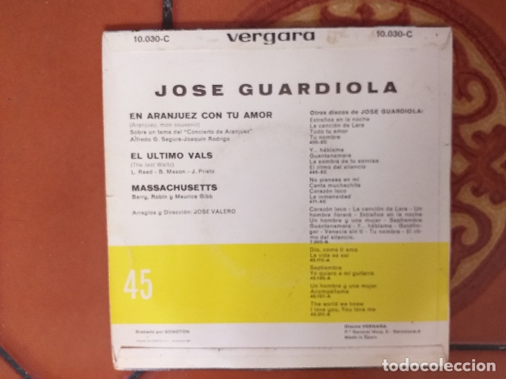 Discos de vinilo: SINGLE. JOS&Eacute; GUARDIOLA. EN ARANJUEZ CON TU AMOR +2 - Foto 2