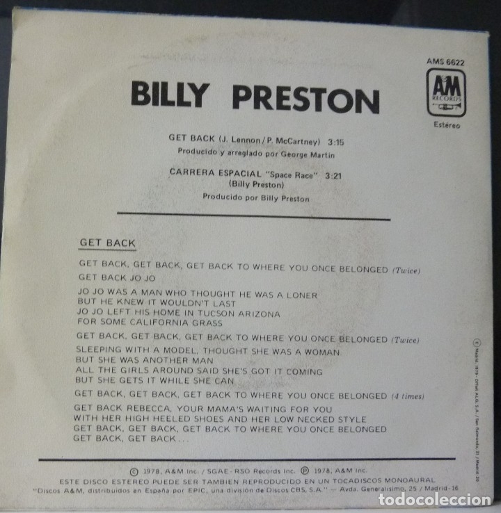 Discos de vinilo: BILLY PRESTON // GET BACK/ THE BEATLES/ 1978 // SINGLE - Foto 2