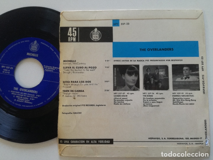 Discos de vinilo: THE OVERLANDERS - Michelle +3 - EP HISPAVOX 1966 // VERSION BEATLES - Foto 2