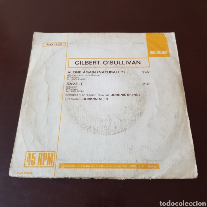 Discos de vinilo: GILBERT O SULLIVAN ALONE AGAIN SAVE IT 45 R.P.M. SINGLE - Foto 2
