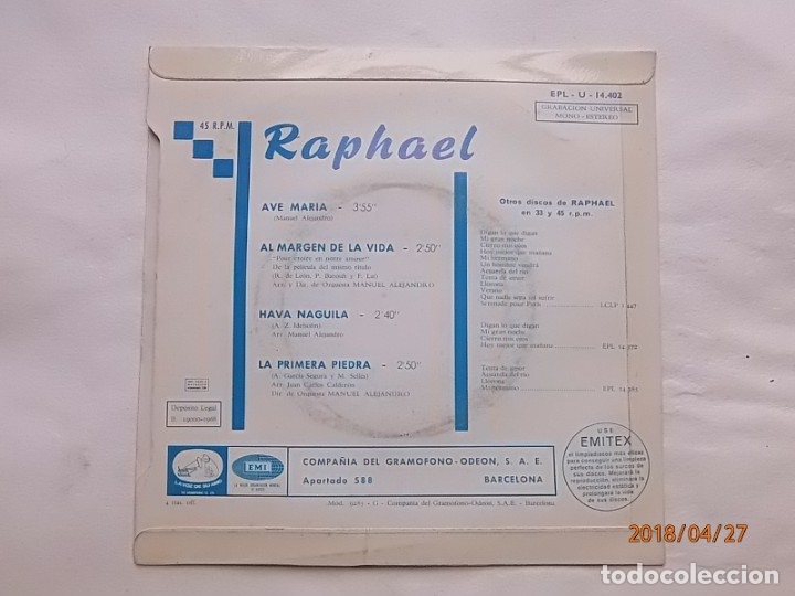 Discos de vinilo: DISCO 45 RPM - RAPHAEL - AVE MAR&Iacute;A - EMI. - Foto 2