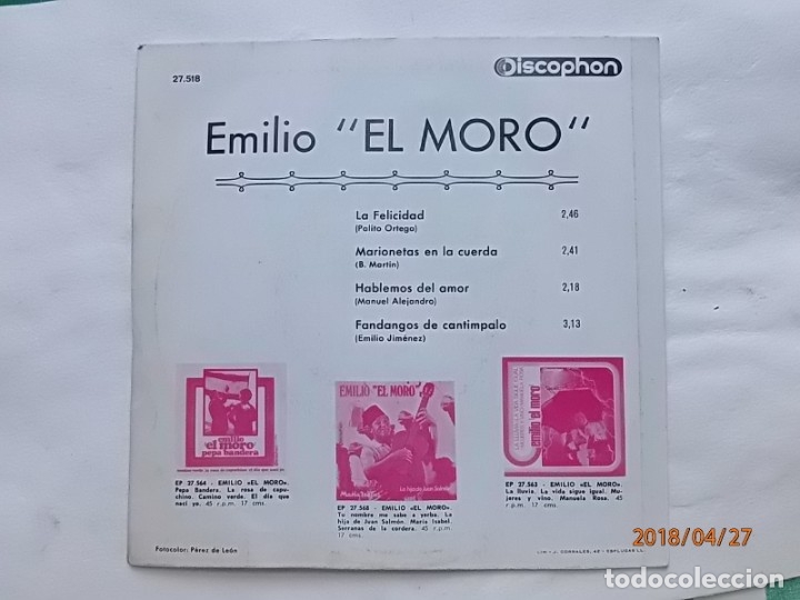 Discos de vinilo: DISCO 45 RPM - EMILIO EL MORO - DISCOPHON. - Foto 2