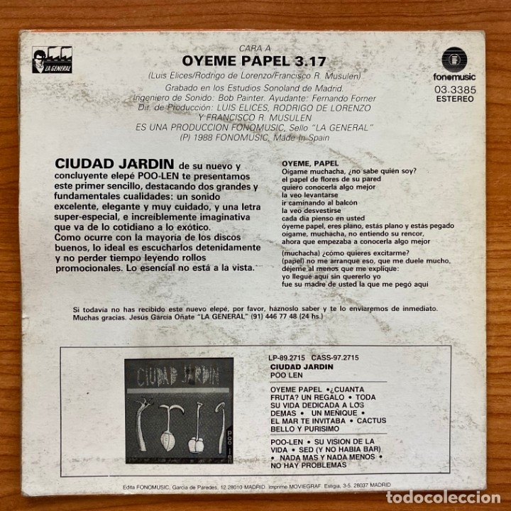 Discos de vinilo: Ciudad Jard&iacute;n // &Oacute;yeme Papel - Foto 2