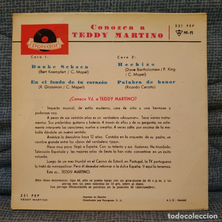 Discos de vinilo: TEDDY MARTINO - DANKE SCHOEN / HECHIZO + 2 - EP ESPAÑOL POLYDOR DEL AÑO 1964 EN EXCELENTE ESTADO - Foto 2 - 181231621