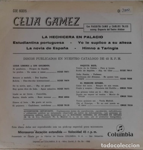 Discos de vinilo: La Hechicera En Palacio - Celia G&aacute;mez - Foto 2