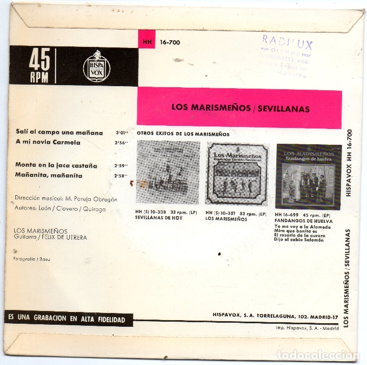Discos de vinilo: LOS MARISME&Ntilde;OS - SEVILLANAS + 3.EP.S - MBE - Foto 2