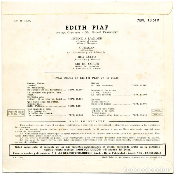 Discos de vinilo: Canta Himno Al Amor - Edith Piaf - Foto 2