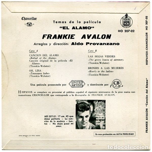 Discos de vinilo: Frankie Avalon &lrm;&ndash; Temas De La Pel&iacute;cula El Alamo. - Foto 2