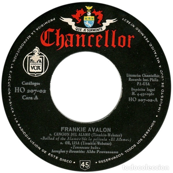 Discos de vinilo: Frankie Avalon &lrm;&ndash; Temas De La Pel&iacute;cula El Alamo. - Foto 3