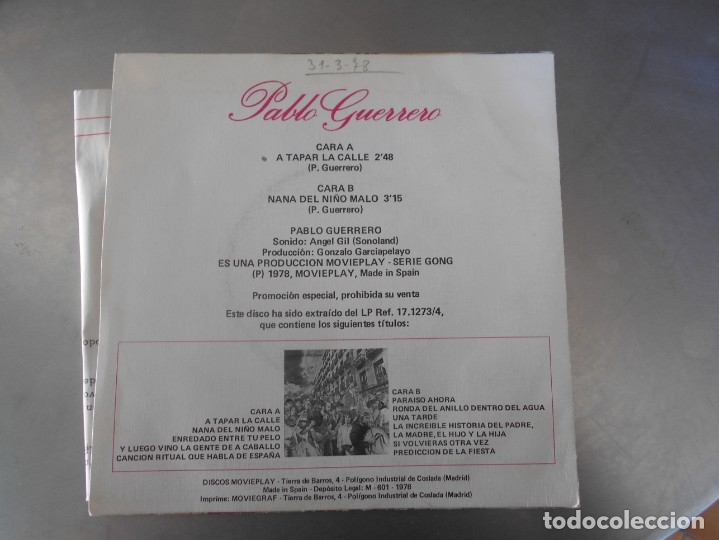 Discos de vinilo: PABLO GUERRERO-SINGLE A TAPAR LA CALLE - Foto 2