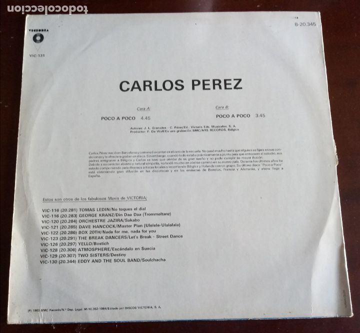 Discos de vinilo: CARLOS PEREZ - POCO A POCO - MAXI SINGLE.12 -1983 - Foto 2