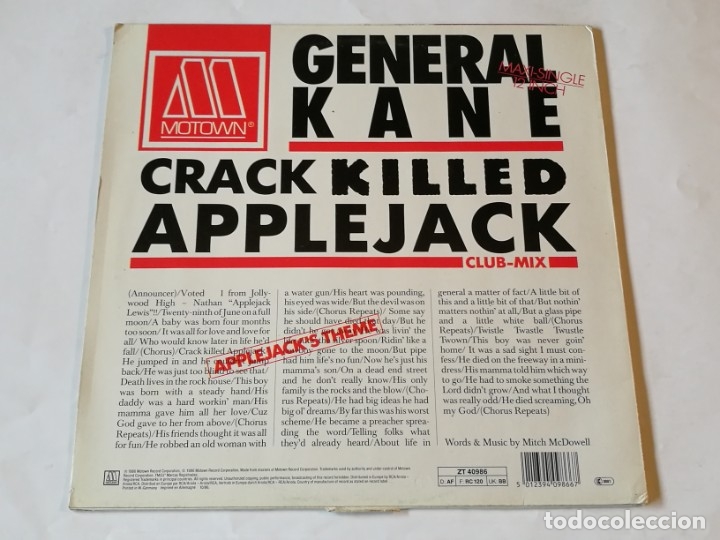 Discos de vinilo: General Kane - Crack Killed Applejack - 1986 - Foto 2