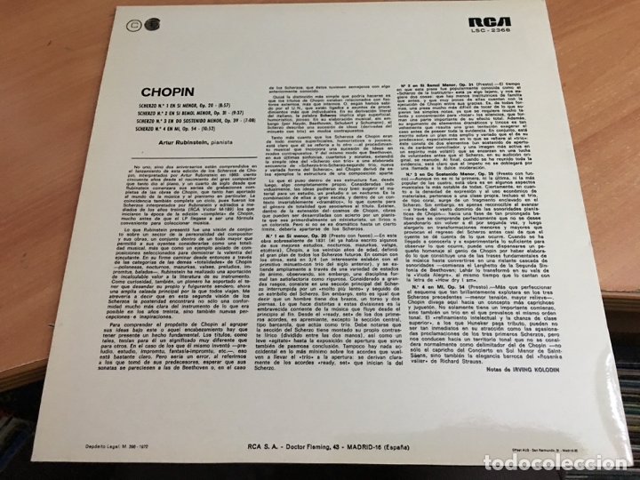 Discos de vinilo: RUBINSTEIN (CHOPIN - SCHERZOS) LP SPAIN 1972 (B-7) - Foto 3