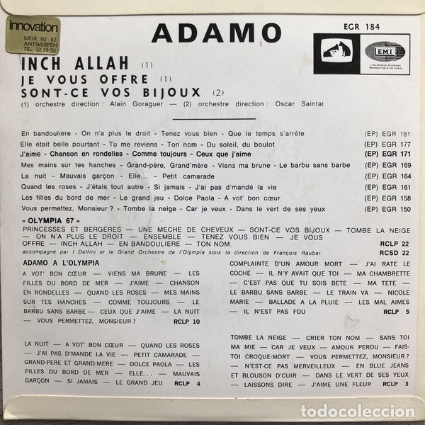 Discos de vinilo: Inch Allah - Adamo - Foto 2