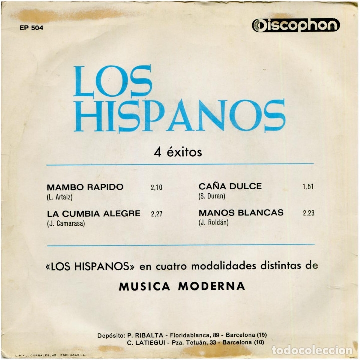 Discos de vinilo: Conjunto Los Hispanos &lrm;&ndash; 4 &Eacute;xitos - Ep Spain 1969 - Discophon EP504 - Foto 2
