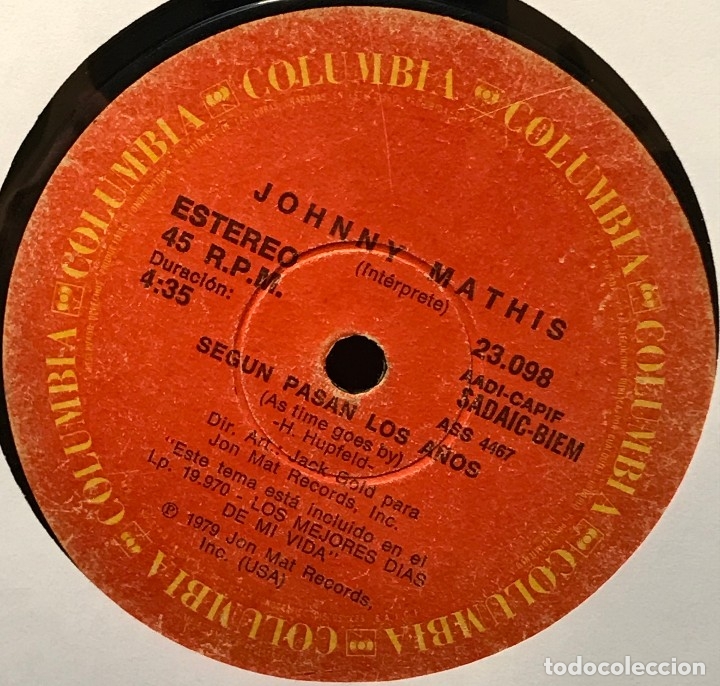 Discos de vinilo: Sencillo argentino de Johnny Mathis a&ntilde;o 1979 - Foto 2