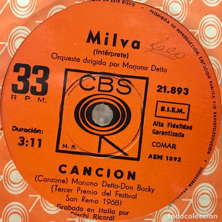 Discos de vinilo: Sencillo argentino de Milva a&ntilde;o 1968 - Foto 1