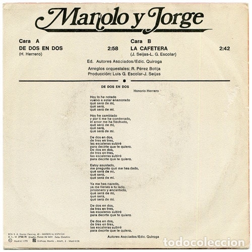 Discos de vinilo: De Dos En Dos - Manolo Y Jorge - Foto 2