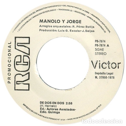 Discos de vinilo: De Dos En Dos - Manolo Y Jorge - Foto 3