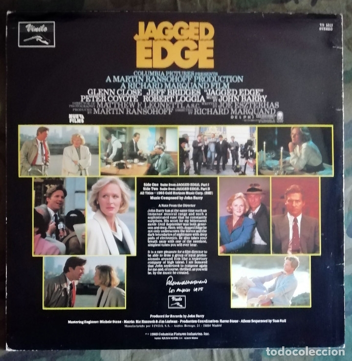 Discos de vinilo: John Barry &ndash; Jagged Edge LP,Spain 1985 - Foto 2