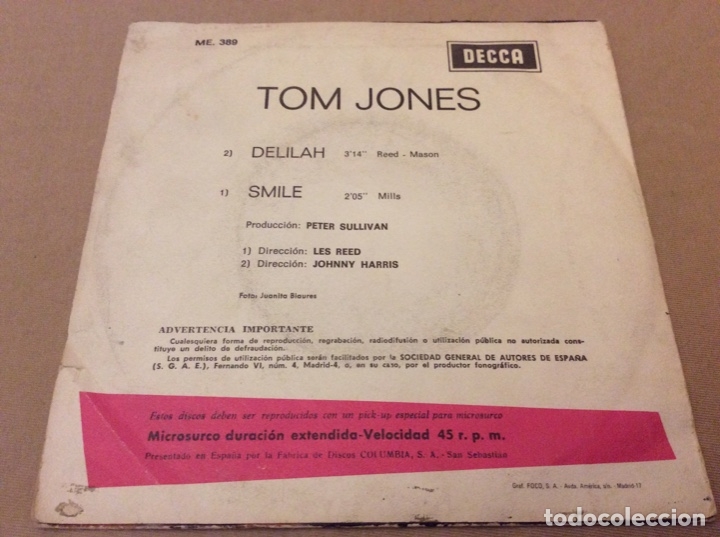Discos de vinilo: TOM JONES - DELILAH / SMILE. DECCA 1967. - Foto 2 - 183005886
