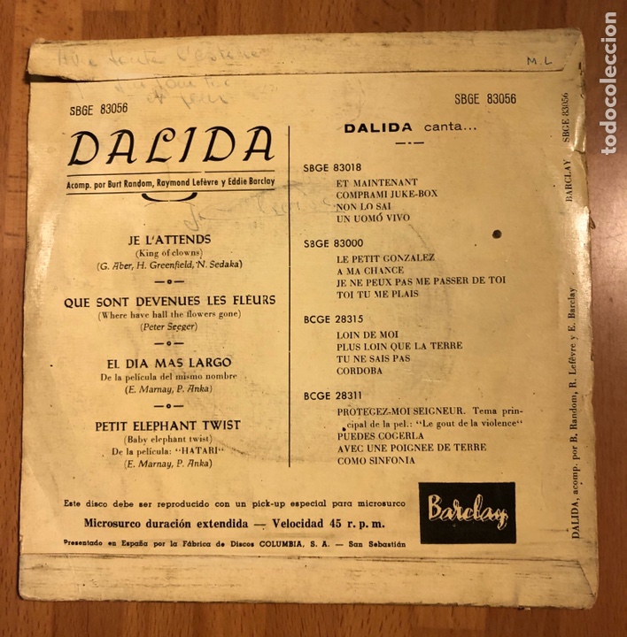 Discos de vinilo: Ep barclay Dalida je L,attends - Foto 2
