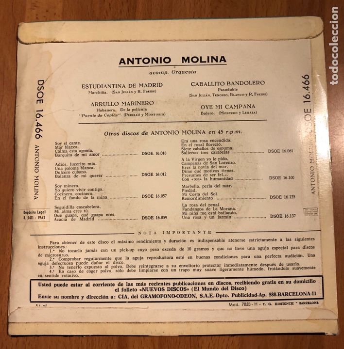 Discos de vinilo: Ep odeon Antonio Molina.estudiantina de madrid - Foto 2