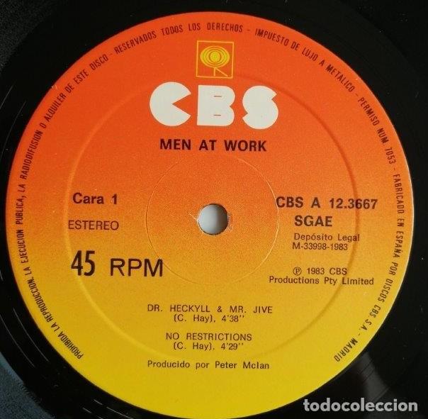 Discos de vinilo: (MAXI) Men At Work. Dr. Heckyll & Mr. Jive, CBS A 12.3667 - Foto 6