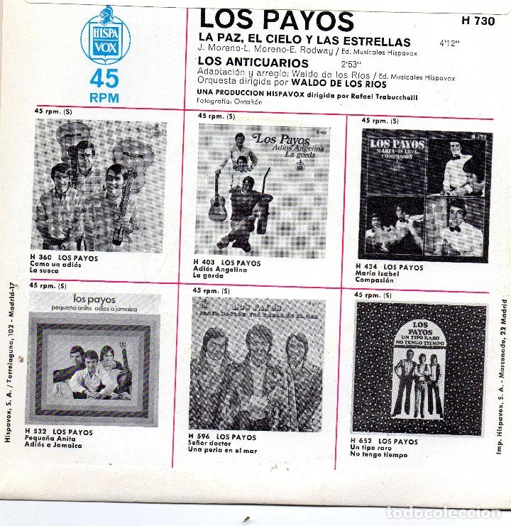 Discos de vinilo: LOS PAYOS - LA PAZ EL CIELO Y LAS ESTRELLAS - SINGLE - COMO NUEVO - Foto 2
