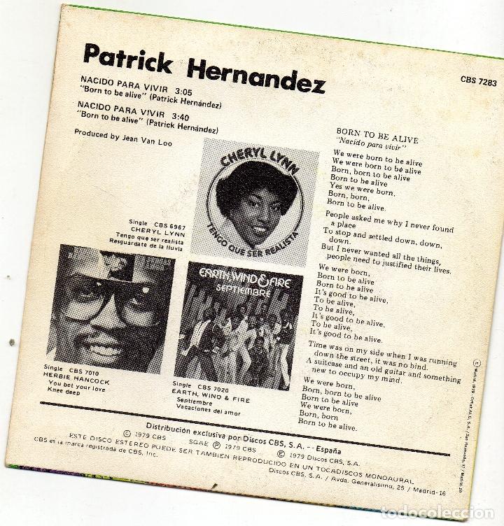 Discos de vinilo: PATRICK HERNANDEZ - NACIDO PARA VIVIR - SINGLE - Foto 2