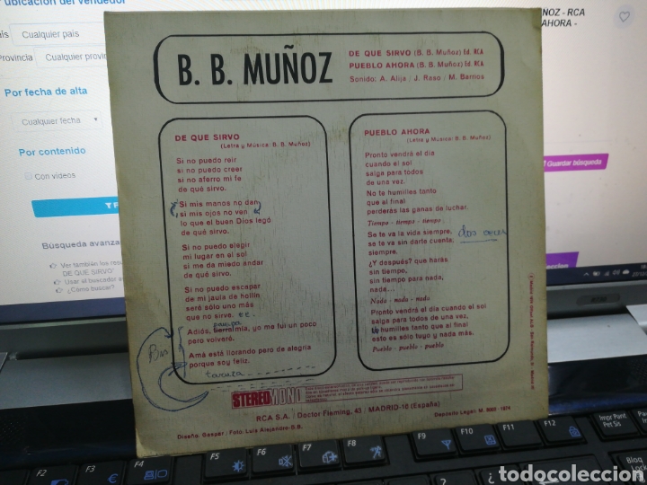 Discos de vinilo: B.b. Mu&ntilde;oz single de que sirvo espa&ntilde;a 1974 - Foto 2