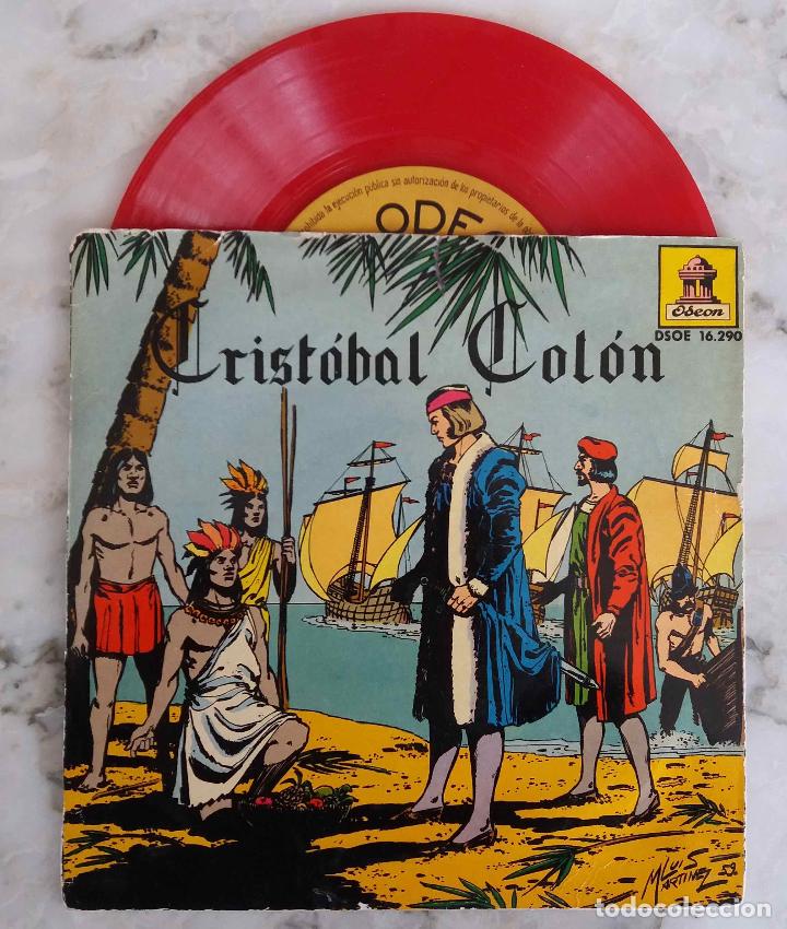 Disques de vinyle: CRST&Oacute;BAL COL&Oacute;N, EL DESCUBRIMIENTO DE AM&Eacute;RICA. J CASAS AUG&Eacute;, JOS&Eacute; M&ordf; OVIES. SINGLE DE VINILO ROJO