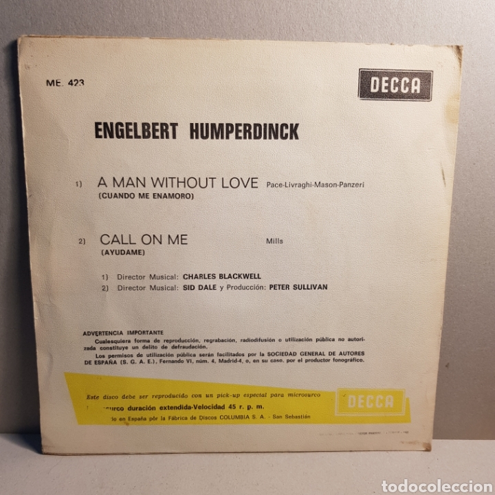 Discos de vinilo: ENGELBERT HUMPERDINCK A MAN WITHOUT LOVE - CALL ON ME - Foto 2