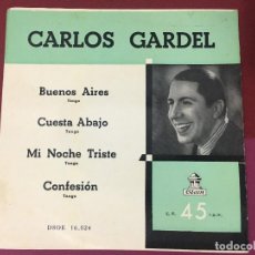Discos de vinilo: SINGLE CARLOS GARDEL, BUENOS AIRES, CUESTA ABAJO, MI NOCHE TRISTE, CONFESION, ODEON. Lote 192608512