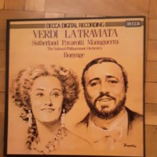 Discos de vinilo: CAJA CON 3 LPS Y LIBRETO- VERDI LA TRAVIATA - PAVAROTTI - MANAGUERRA - SUTHERLAND. Lote 192659318