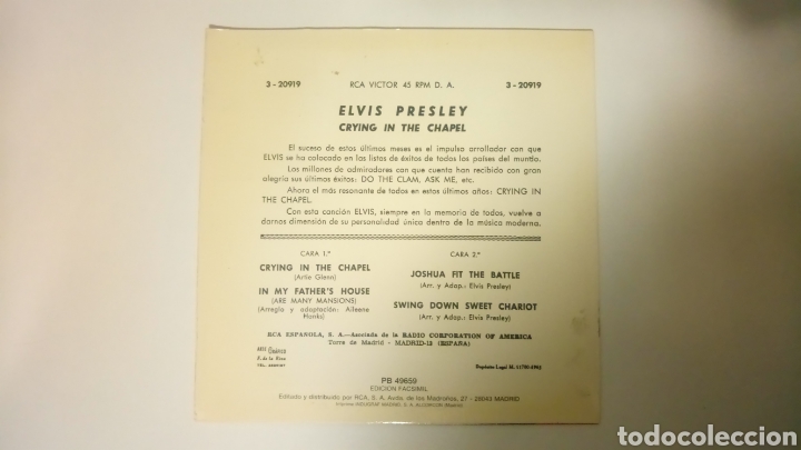 Discos de vinilo: Elvis Presley CRYING IN THE CHAPEL - Foto 2