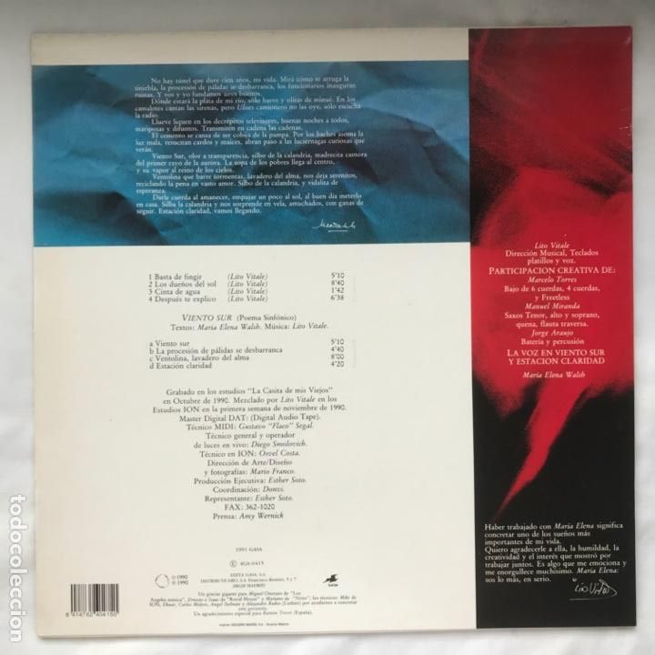 Discos de vinilo: Lito Vitale Cuarteto &lrm;&ndash; Viento Sur 1991 - Foto 3