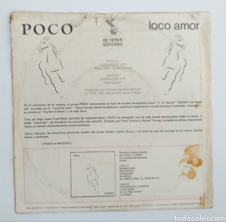 Discos de vinilo: Vinilo single - Poco - Loco Amor 1979 - Foto 2