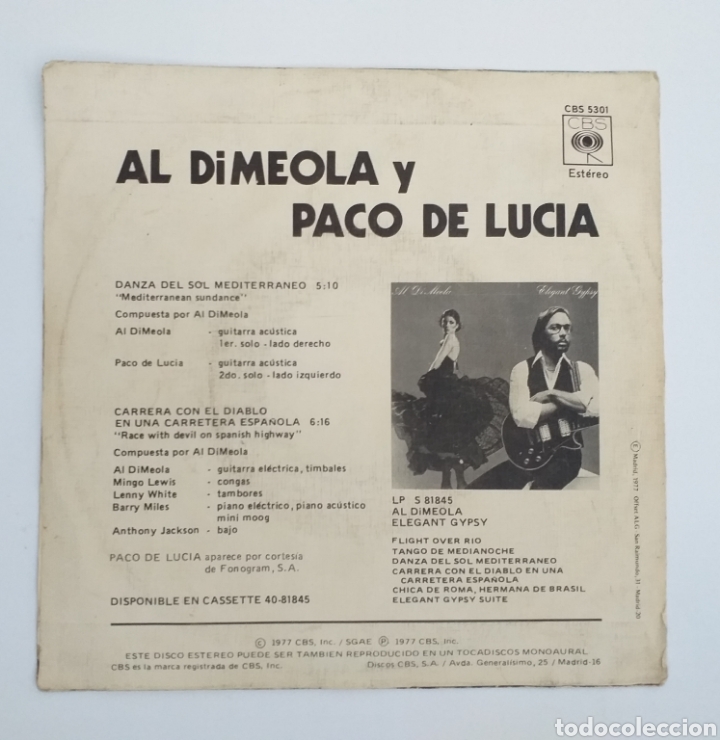 Discos de vinilo: Vinilo single Al Dimeola y Paco de Luc&iacute;a 1977 - Foto 2