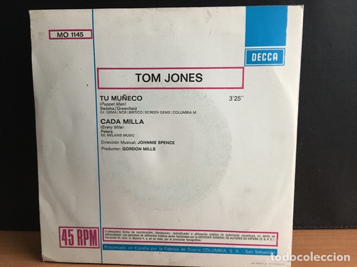 Discos de vinilo: Tom Jones - Tu Mu&ntilde;eco / Cada Milla (7&rdquo;, Single) (Decca) MO 1145 - Foto 2