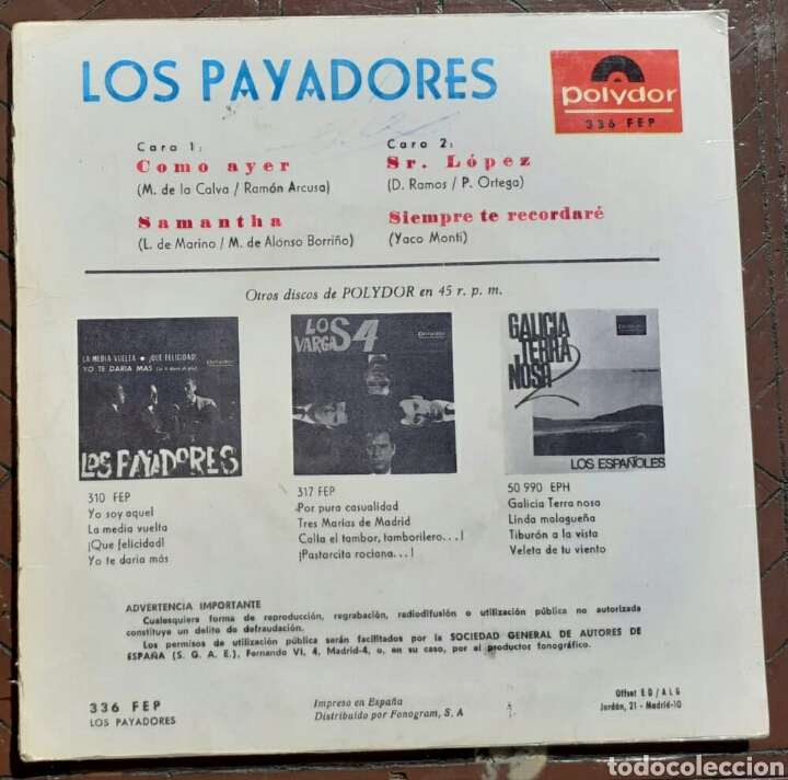Discos de vinilo: Los Payadores (version original Sr. LOPEZ) (EP 4 CANCIONES) - Foto 2