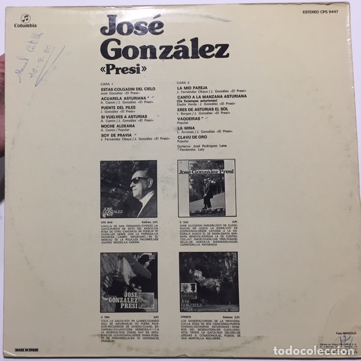 Discos de vinilo: JOS&Eacute; GONZ&Aacute;LEZ &ldquo;PRESI&rdquo; LP, 1976 - Foto 2