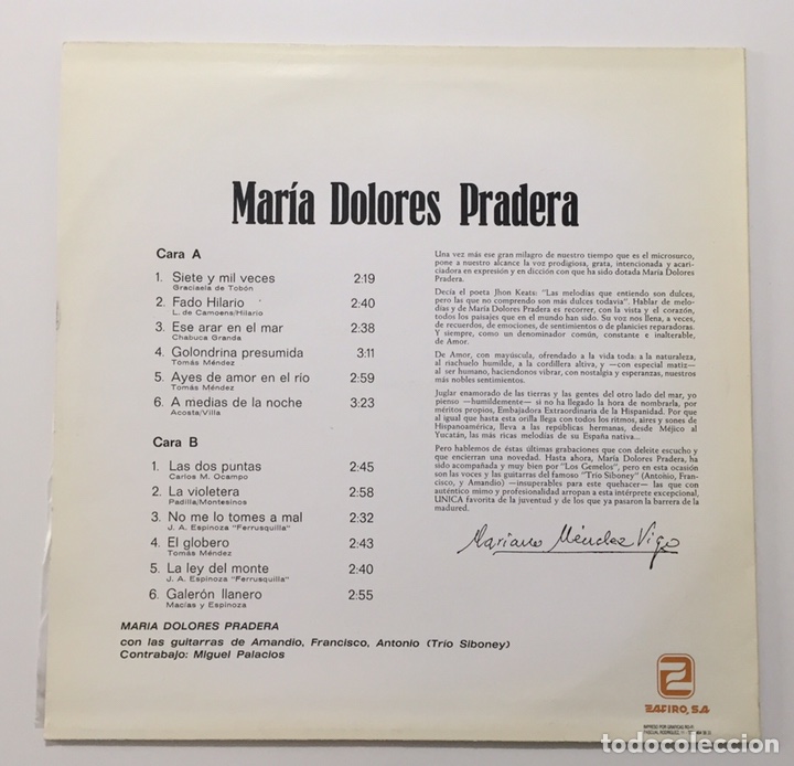 Discos de vinilo: MAR&Iacute;A DOLORES PRADERA - LP Spain, 1983 - Foto 2