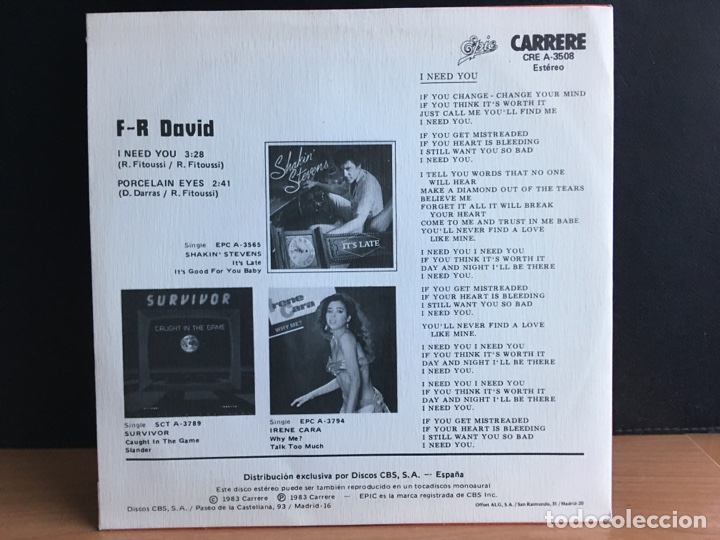 Discos de vinilo: F.R. David - I Need You (7&rdquo;, Single) - Foto 2