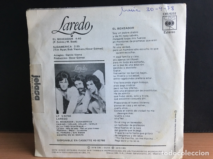 Discos de vinilo: Laredo - El Boxeador (7&rdquo;, Single) (CBS) CBS 6232 - Foto 2