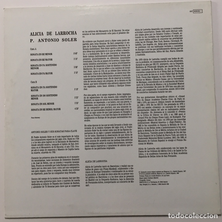 Discos de vinilo: Alicia De Larrocha - Padre Antonio Soler - LP - Foto 2