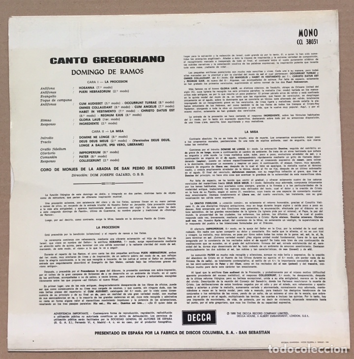 Discos de vinilo: LP. CHANT GREGORIEN. Le Dimanche des Rameaux. A&ntilde;o 1966 - Foto 2