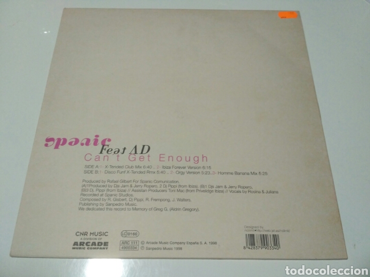 Discos de vinilo: Spanic Feat. AD - Cant Get Enough - Foto 2